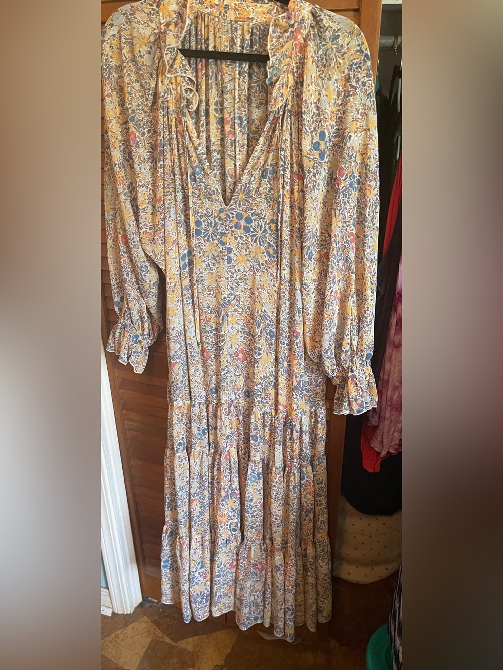 Free People Floral Tiered Maxi Dress in Mustard and Blue